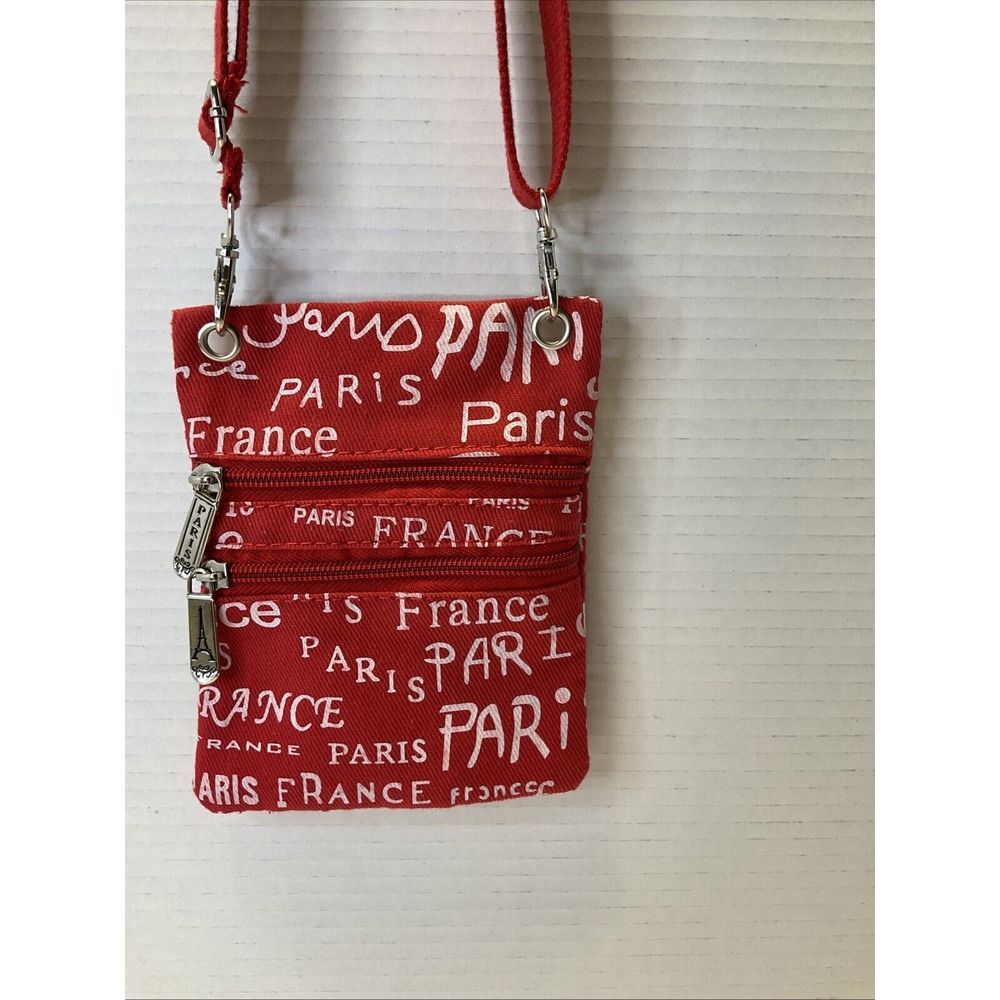 PARIS Red Canvas Crossbody Triple Zip Passport‎ Bag